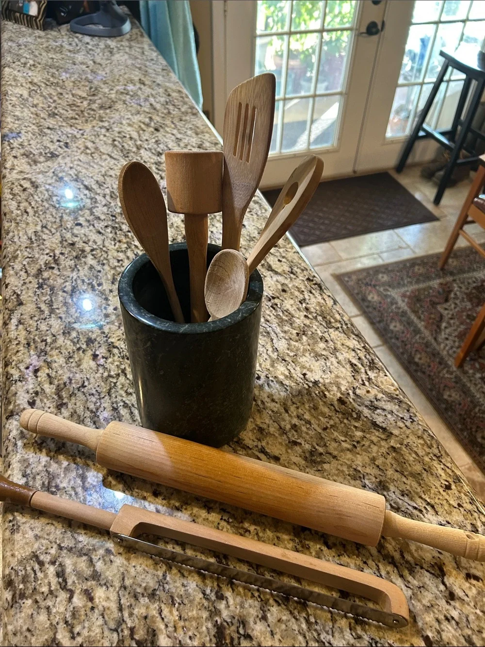 Wooden Kitchen 7 Piece Utensil Set with Black & Dark Green Marble Holder-Kitchen